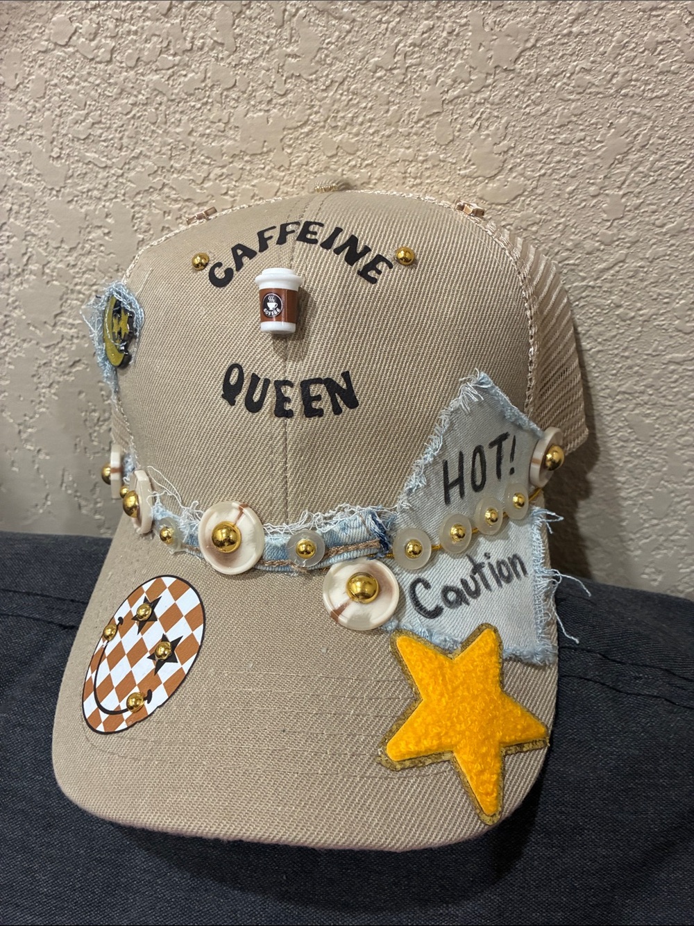 Caffeine Queen Beige Custom Embellished Trucker Cap